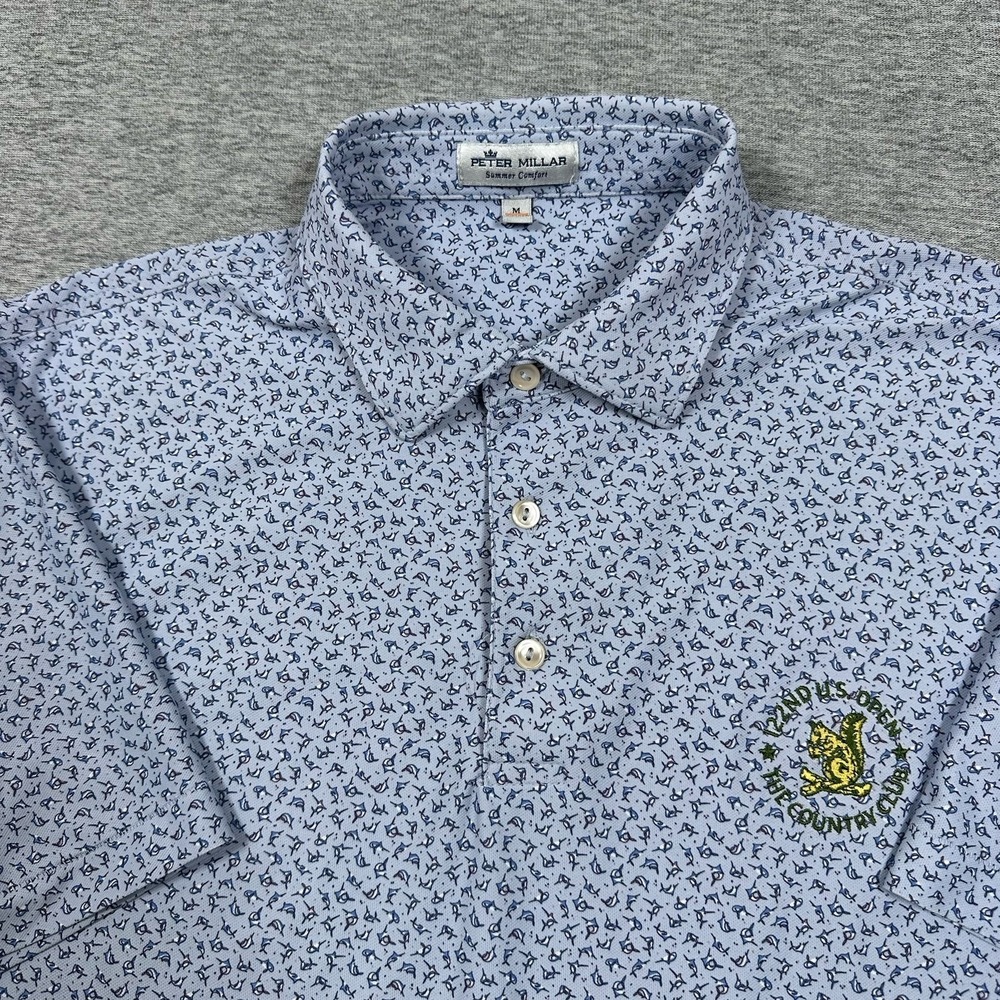 Peter Millar Polo Shirt Mens Medium Blue Mad Marlins Summer Comfort US Open Golf